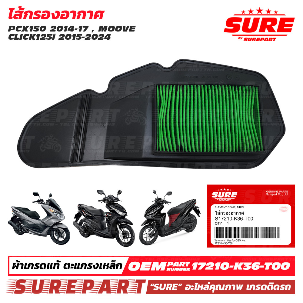 ไส้กรองอากาศ PCX150 14-17 Click125i 15-24 ยี่ห้อ SURE คุณภาพ เกรด OEM ตะแกรงเหล็ก ใช้ทดแทน รหัสแท้ เบอร์ 17210-K36-T00