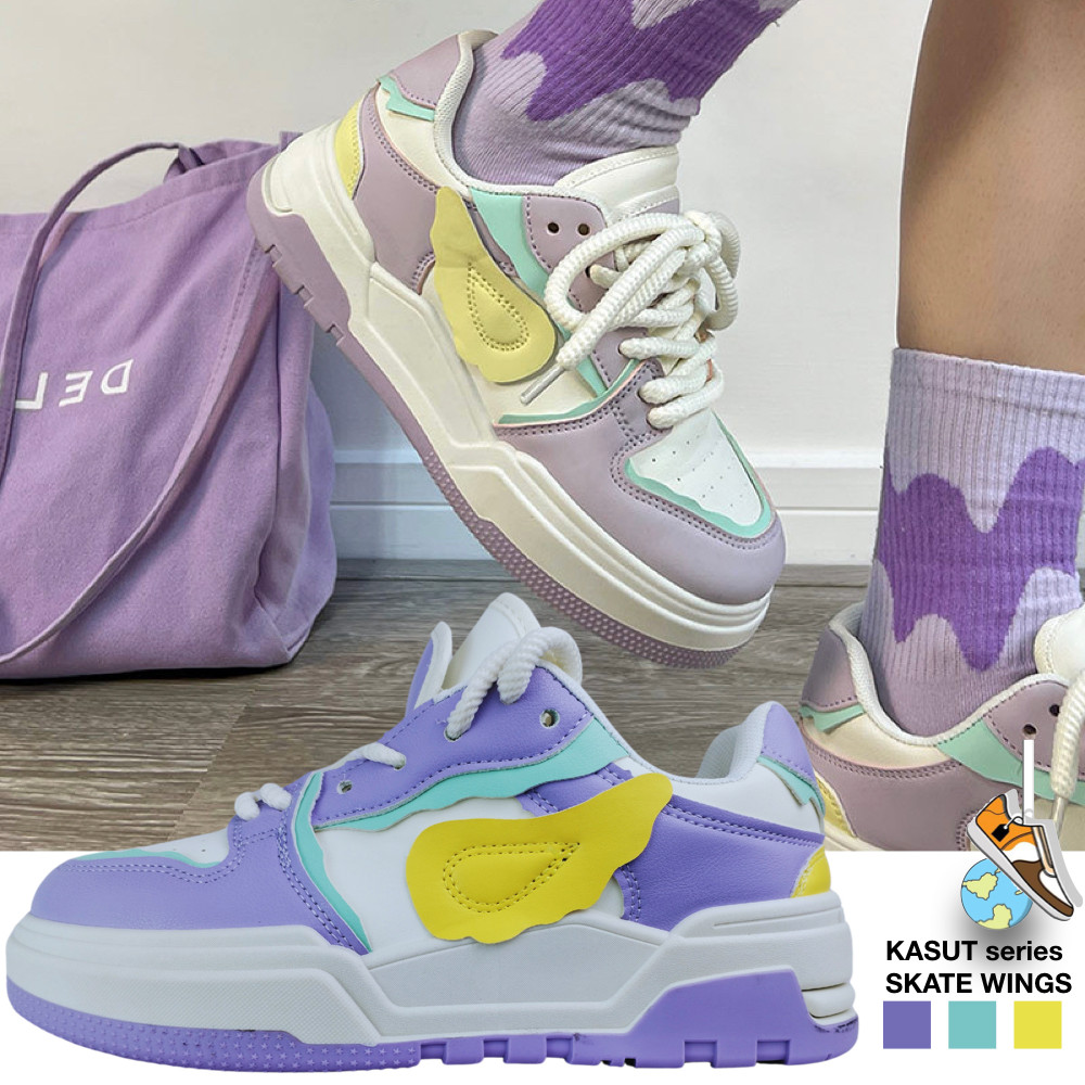 TAELLO 36-40 ONLINE EXCLUSIVE รองเท้าผ้าใบ YAM สีม่วงสีเหลือง WINGS SKATE SHOES insta เพิ่มความสูงรอ