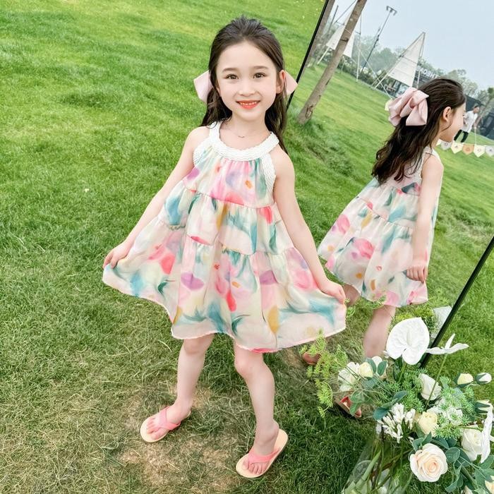 DR92-GIRLS DRESS STRIP FLOWER SKIRT OMBRE LAYER FASHION CODE 126