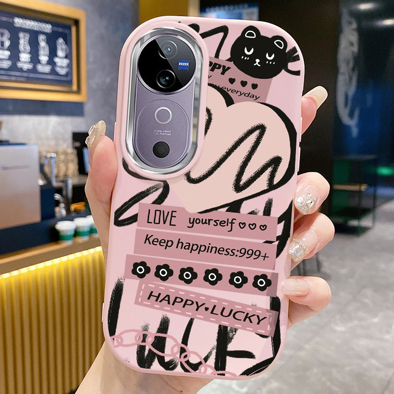 เคสสำหรับ VIVO V40 5G V40 Pro 5G เคสโทรศัพท์แมวรูปหัวใจดอกไม้กันกระแทกกลมและอ้วน