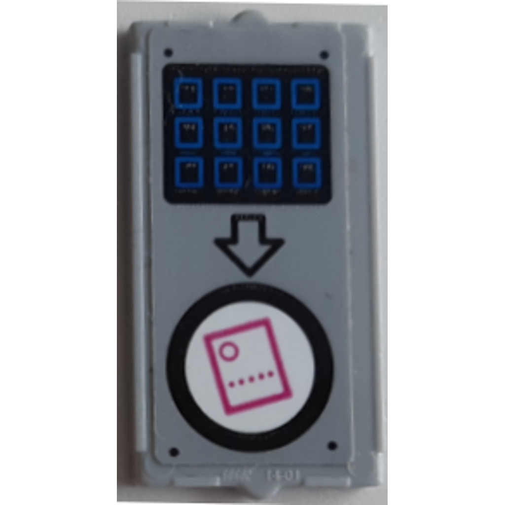 Brick2cube Part - Glass for Window 1 x 2 x 3 with Blue Buttons, Black Arrow, and Dark Pink Ticket on