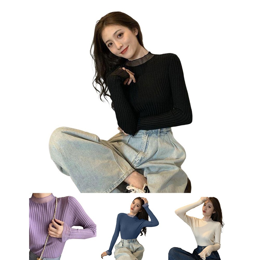 [LMS] ผู้หญิงครึ่งคอสูงลูกไม้ถักเสื้อกันหนาว Slim Bottoming Pullovers คอเต่า