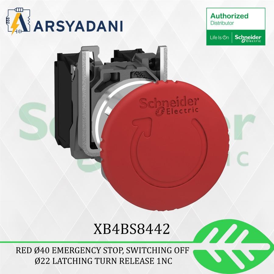 SCHNEIDER - XB4BS8442 - สีแดง Ø40 หยุดฉุกเฉิน สวิตชิ่ง Ø22 เปิดตัว 1NC