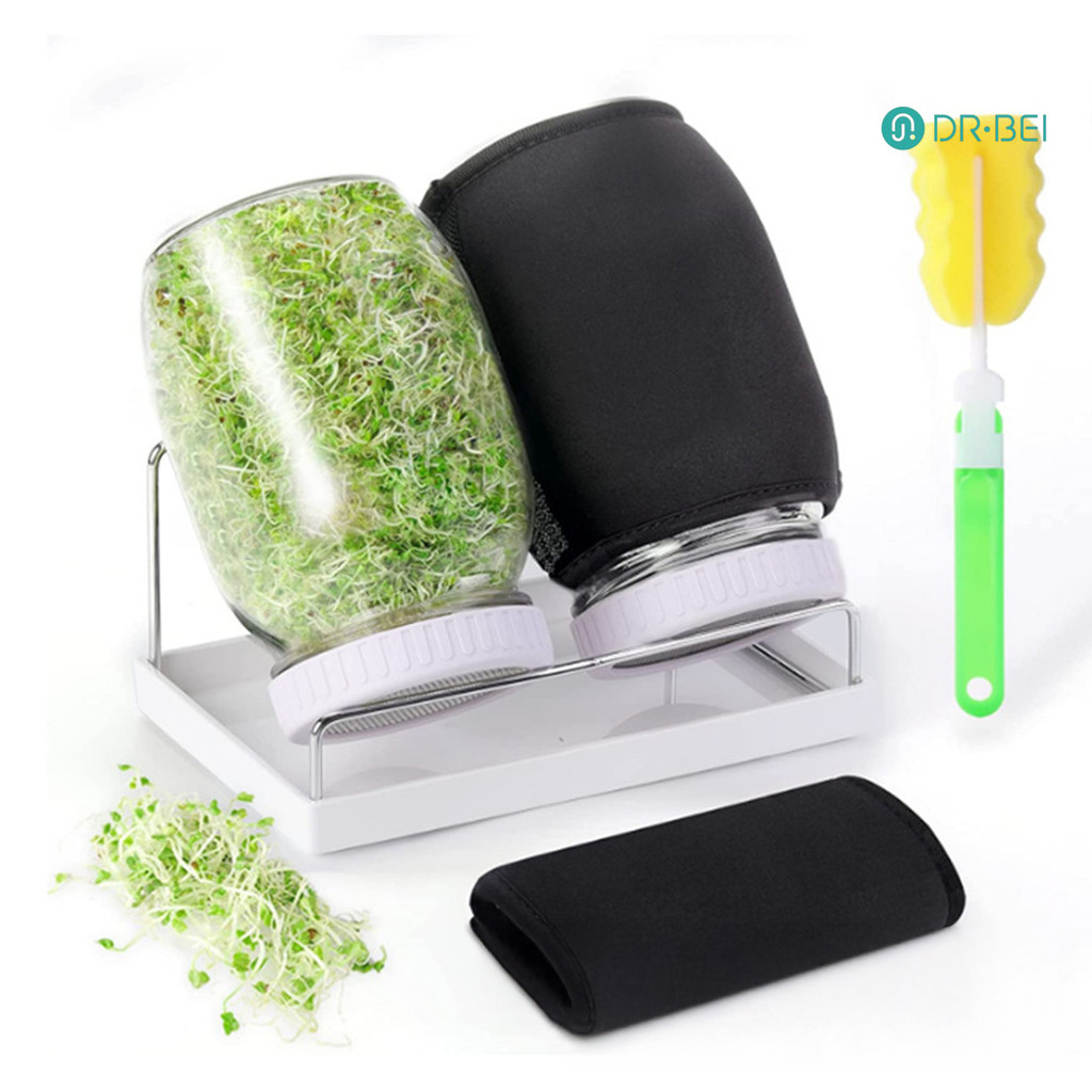 DR.BEI 32Oz Sprouting Jar Kit 2 Wide Mouth Mason Jars พร้อมฝาปิดสแตนเลส Blackout Sleeves Stand ถาดหยด Mason Jar Sprouting Set for Growing Alfalfa