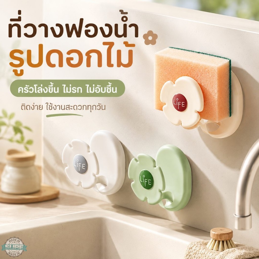 ชั้นวางฟองน้ำติดผนังครัว รูปดอกไม้ ไม่ต้องเจาะ ระบายน้ำ ไม่อับชื้น ใช้แขวนฝอยขัดหม้อ ของใช้จุกจิกได้ ครัวดูดีมาก
