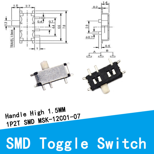 50PCS MSK-12C01-07 MSK-12C01 SMD 7Pin Mini Miniature แนวนอน Micro สไลด์สลับสวิทช์ 2Position On-OFF 1