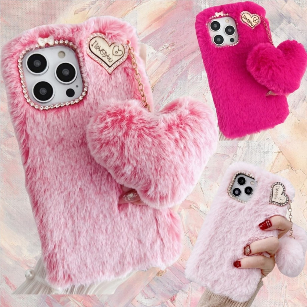SAMSUNG สําหรับSamsung S25 S24 S23 S22 S21 S20 S10 Plus Ultra FEขอบสีชมพูRose Red Plushเคสโทรศัพท์ + น่ารักFurry Love Fury Ballจี้ + กรอบRhinestoneผู้หญิงสาว
