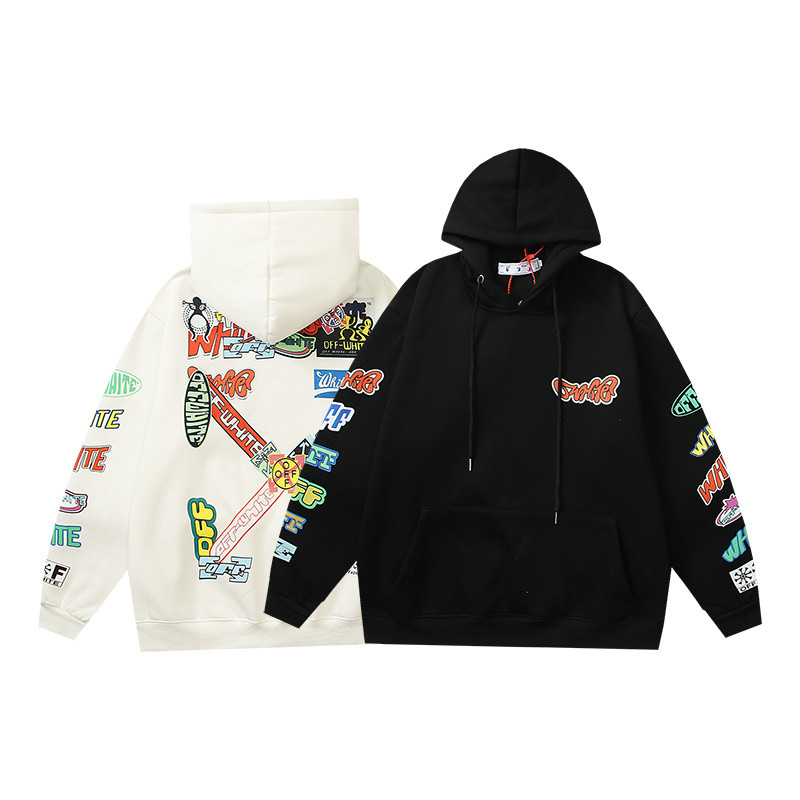 Off-White สติ๊กเกอร์สีสันสดใส Patchwork Logo Hoodie OFF WHITE NITE Sleeve Print Streetwear Sweatshir