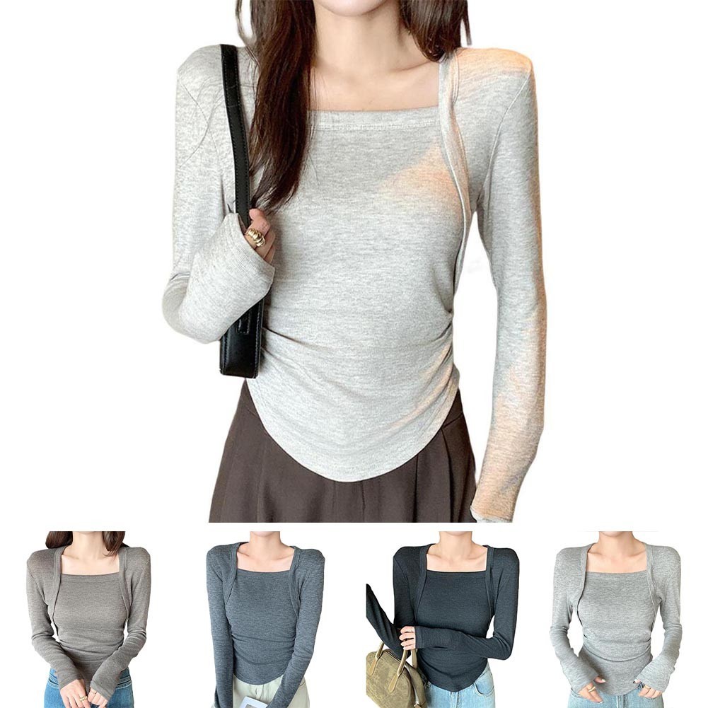 [LMS] แขนยาวคอสี่เหลี่ยมปลอมสองชิ้นของผู้หญิงลําลองด้านบนฤดูใบไม้ร่วงบางแฟชั่น