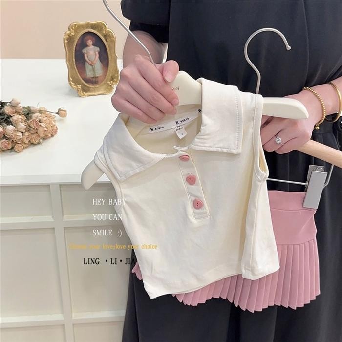 IMPORTED GIRLS SLEEVELESS SET WITH PLEASE SKIRT AND BUTTON COLLAR MODEL, FASHION CODE 778