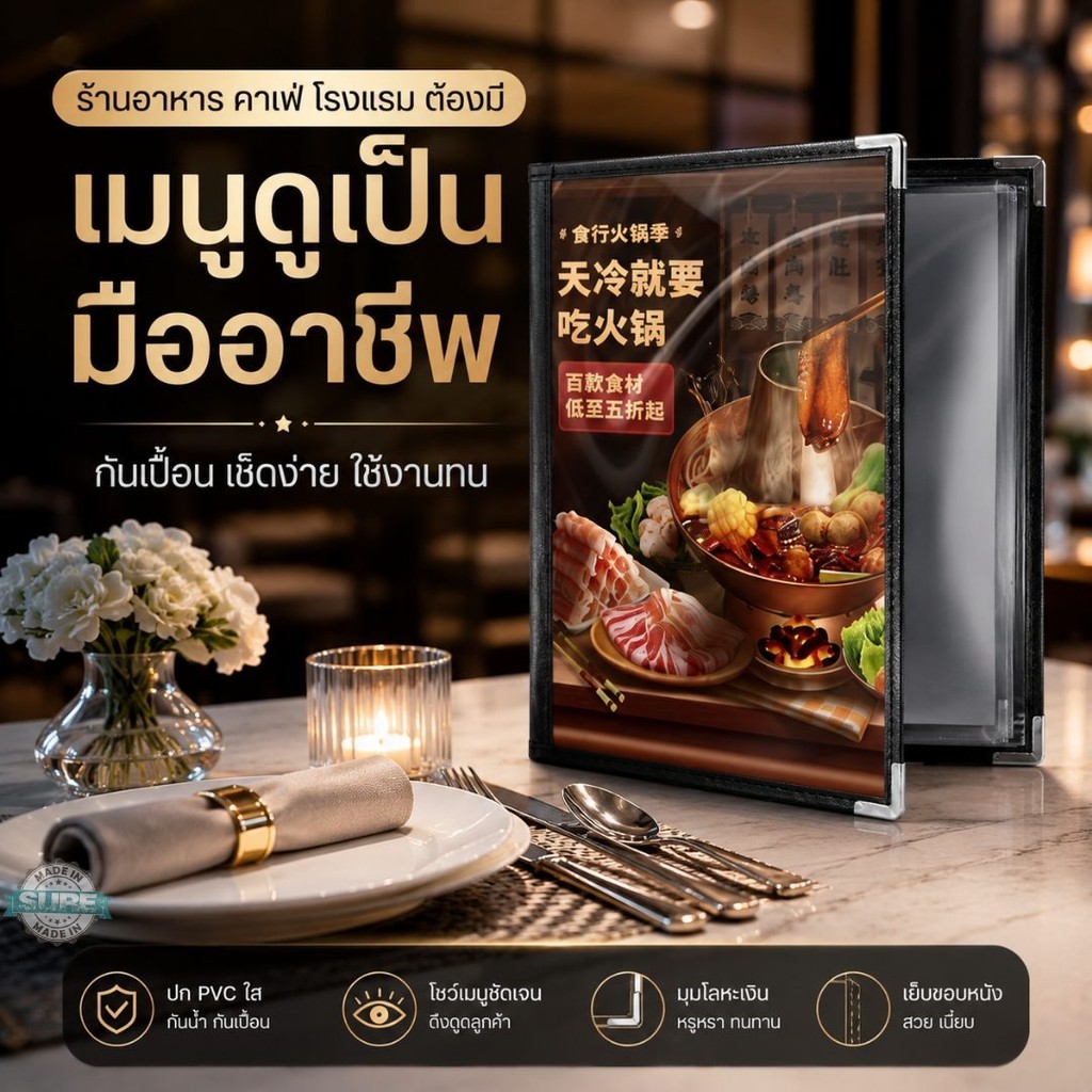 สมุดเมนูร้านอาหาร A4 ซอง PVC ใส ขอบหนังสีดำ หุ้มมุมโลหะ เปลี่ยนกระดาษได้ เหมาะร้านอาหาร คาเฟ่ ชาบู โรงแรม ดูดี