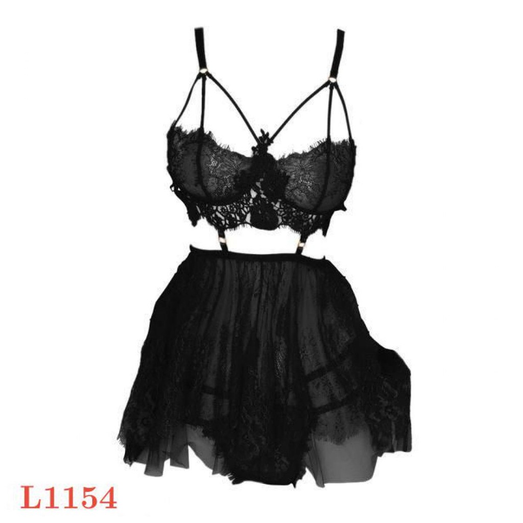 L1154 - ชุดชั้นใน Babydoll Mini Dress สีดําโปร่งใสกลับ Hook