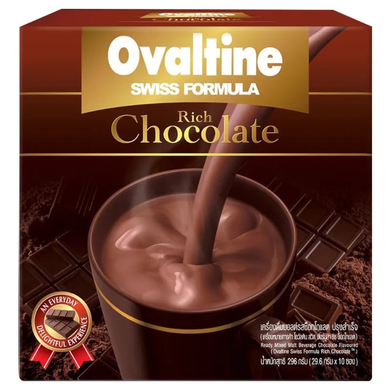 OVALTINE โอวัลตินสวิสริชเครื่องดื่มมอลต์รสช็อกโกแลตปรุงสำเร็จ 29.6กรัม แพค 10ซอง [8850086142963]