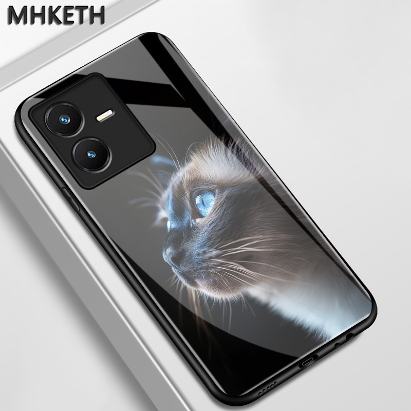 เคสสำหรับ VIVO Y22 Y22s เคสโทรศัพท์แก้วเรียบหูฟังลายแมวน่ารัก ราคา ถูกที่สุด ดีลบีเคเค รูปภาพหลัก