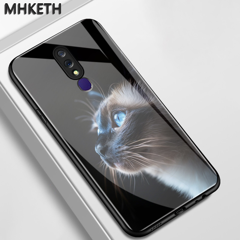 เคสสำหรับ OPPO F11 F11 Pro A9 2019 A9X เคสโทรศัพท์แก้วเรียบหูฟังลายแมวน่ารัก