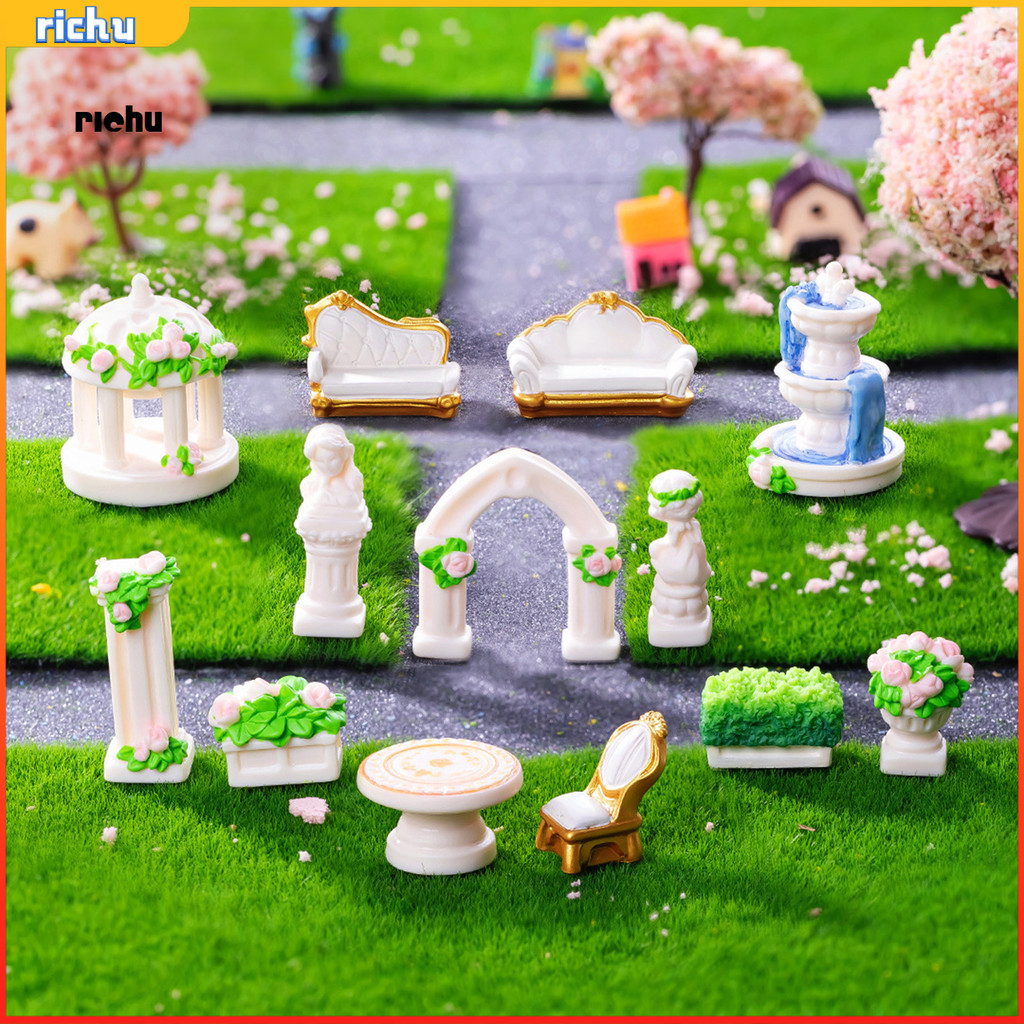 Richu Mini Fairy Garden อุปกรณ์เสริม Miniature Tiny น้ําตก Pavilion คอลัมน์โรมันหุ่นสําหรับงานฝีมือ 