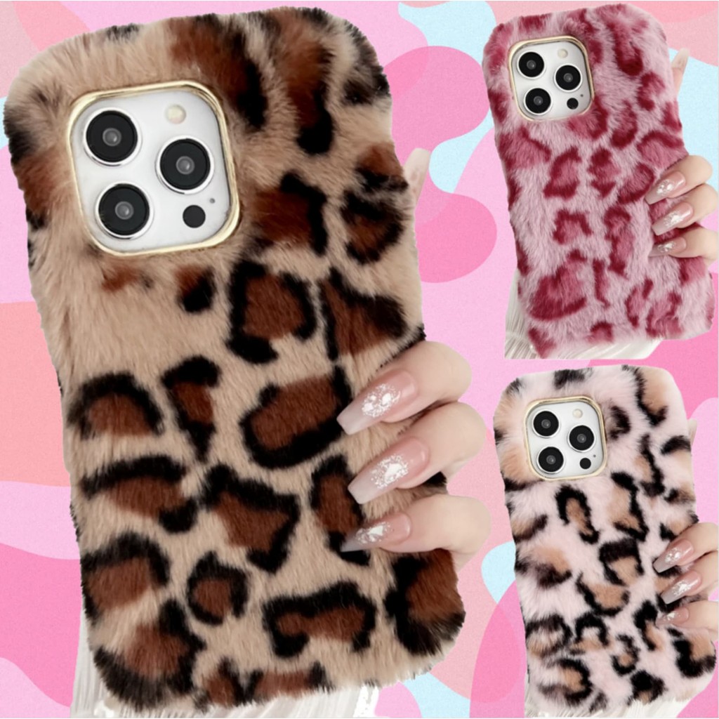 SAMSUNG สําหรับSamsung S25 S24 S23 S22 S21 S20 S10 Plus Ultra FE Edgeเคสโทรศัพท์ตุ๊กตาน่ารักSoft FurryเสือดาวCamouflage + กรอบโลหะกล้องสําหรับผู้หญิง