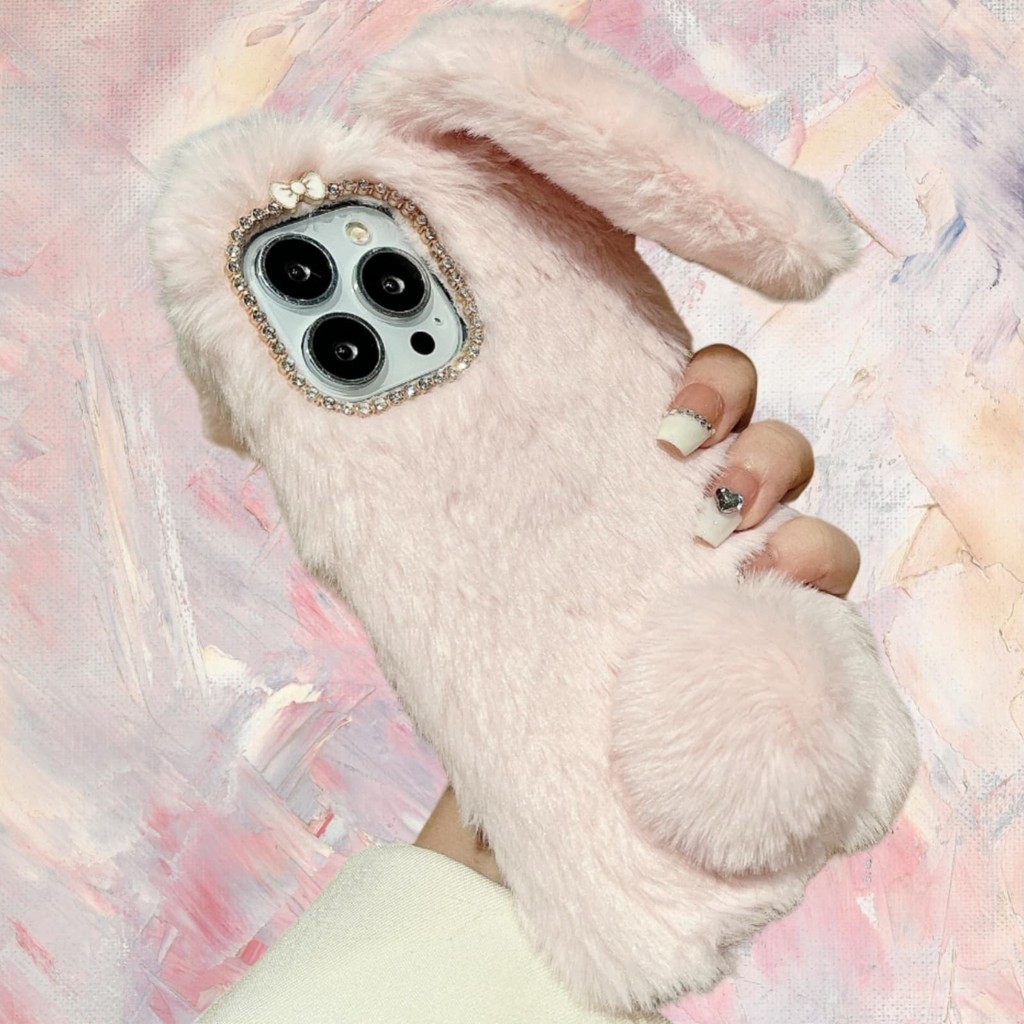 สําหรับRealme C75 C71 C67 C65 C63 C61 C55 C53 C51 C35 C33 C30 C25 C21 C20 C15 C12 C11 Plushเคสโทรศัพท์นุ่มFurryกระต่ายหูHballเพชรRoseสีแดงสีชมพู - รูปที่ 5