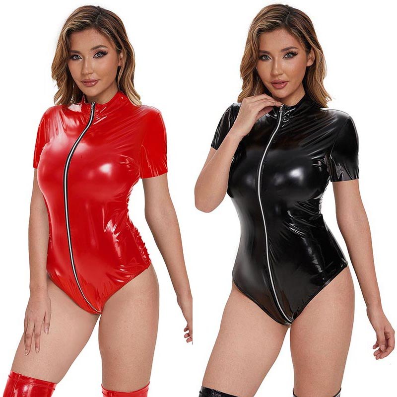 ซิปเปิดเป้าหนังบอดี้สูทสําหรับผู้หญิง Catsuit สุภาพสตรีเงา Sheath Latex Leotard คอสเพลย์ Jumpsuit