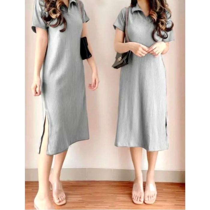 Choice - Alicia Midi Dress Nayla Premium Cotton Knit Basic Dress Polo Collar Casual Long Rib