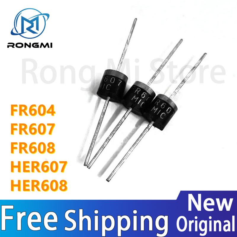 50 ชิ้น FR604, FR607, FR608, HER607, HER608 Diodes 6A, 1000V, Inline R-6 IC Chips, In Stock, ขายส่ง,