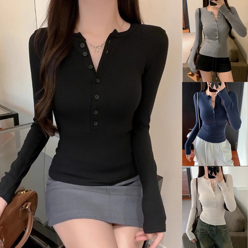 [LMS] เสื้อยืดแขนยาวผู้หญิง V คอปุ่มบาง Y2K Streetwear Casual Tees