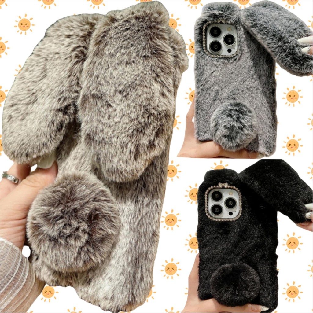 สําหรับ iPhone 17 16 15 14 13 12 11 Pro/Max/Plus/Air Plush เคสโทรศัพท์ Soft Furry Bunny กระต่ายหู Hairball Rhinestone กรอบสีดําสีน้ําตาลสีเทา