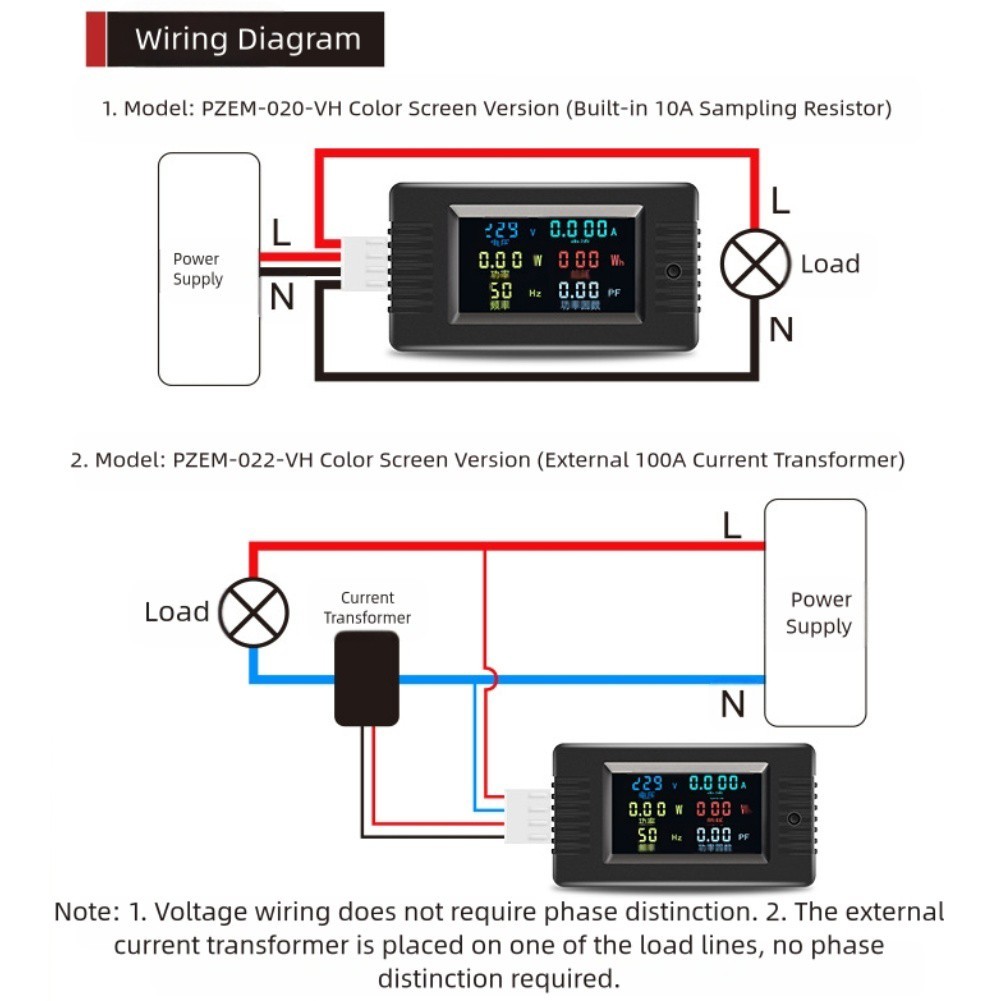 (ใหม่) PZEM-020/022VH เครื่องตรวจจับไฟดิจิตอลสีความจุ AC 110~220V
