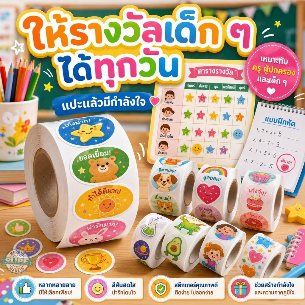 สติ๊กเกอร์โรลลายแมวน่ารัก 100 ดวง/ม้วน ลายอาหารแมว ติดสมุดโน้ต ไดอารี่ แพ็กสินค้า ของขวัญ งานคราฟต์ DIY ใช้สะดวก