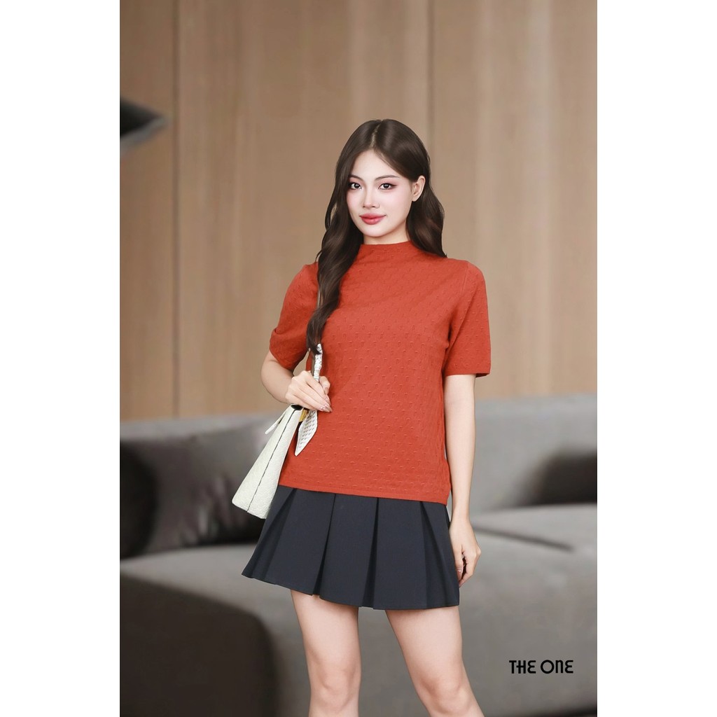 เสื้อสเวตเตอร์อิฐสีชมพูคอปก 3F และลายจุด AL9172GA The One Fashion