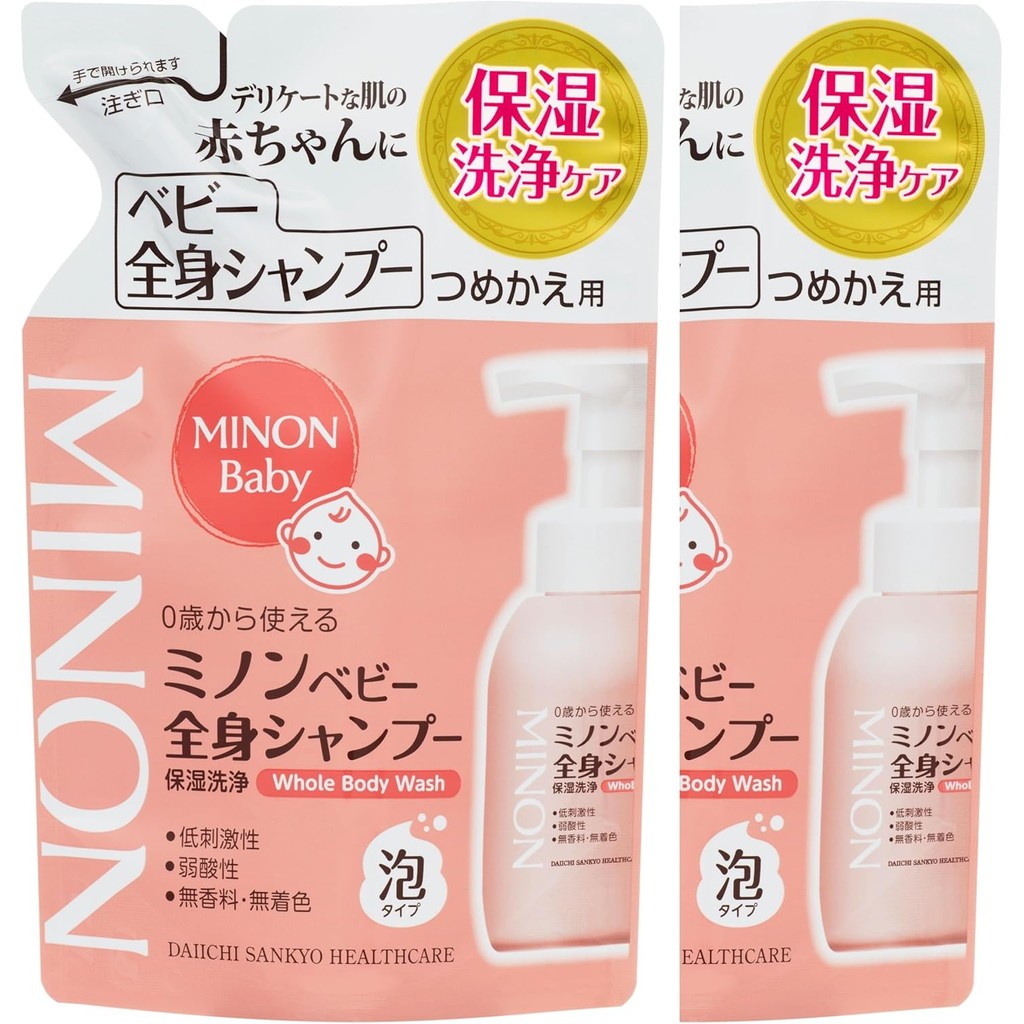 Minon Baby Whole Body Shampoo, Refill, 10.1 fl oz (300 ml), Set of 2, Includes Sample, Baby Soap, Ba