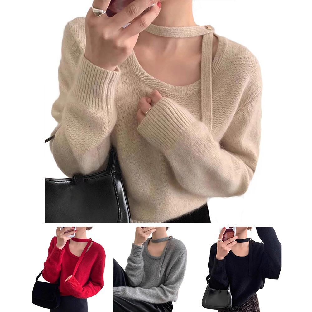 [LMS] แขวนคอริบบิ้นการออกแบบความรู้สึกเสื้อกันหนาวรอบคอหนาถักฐานสั้นด้านบน