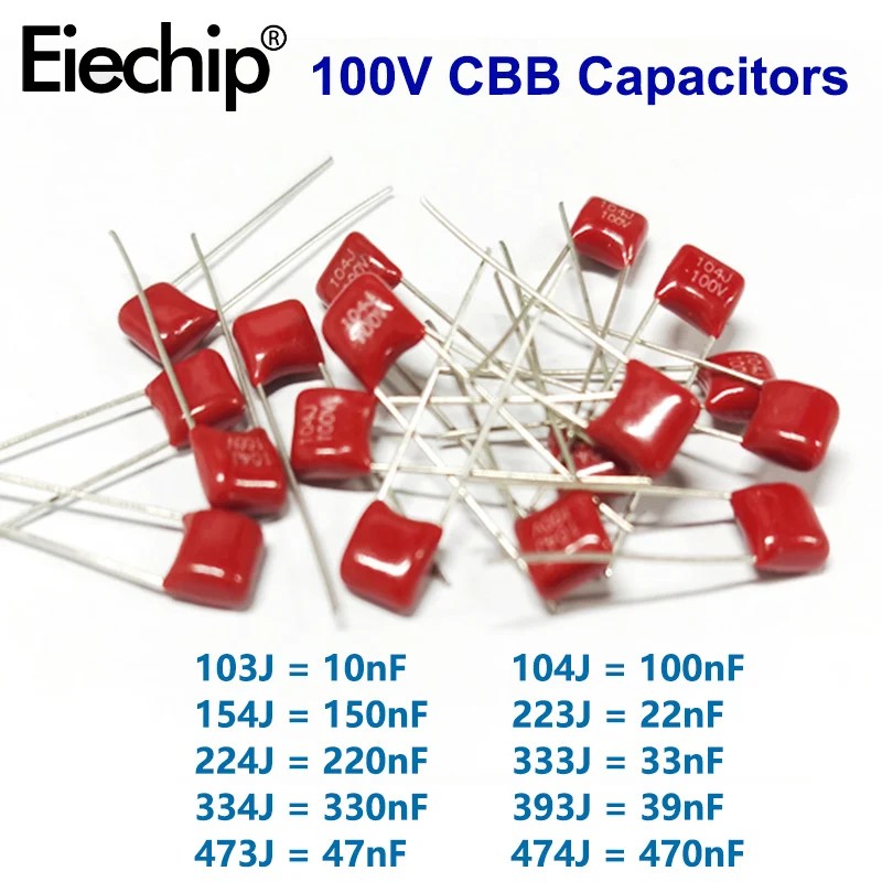 20pcs CBB ตัวเก็บประจุฟิล์มโพรพิลีน 10nf-470nf 100v CBB ตัวเก็บประจุชุด 10NF 22NF 47NF 100NF 220NF 4