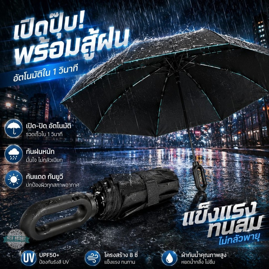 ร่มพับออโต้ ด้ามห่วงจับถนัด กันฝน กัน UV UPF50+ โครงแข็งแรง ไม่พลิกง่าย ขนาดพกพา ใช้ได้ทุกสภาพอากาศ คุ้มมากทุกวัน