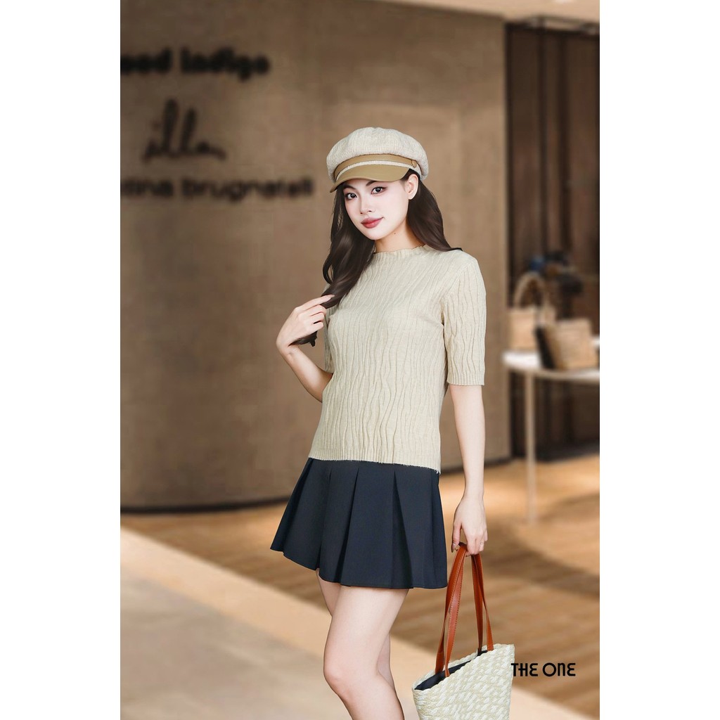 เสื้อสเวตเตอร์สีเบจเข้มลายคอปก 3F และแขนสั้น AL6770BED The One Fashion