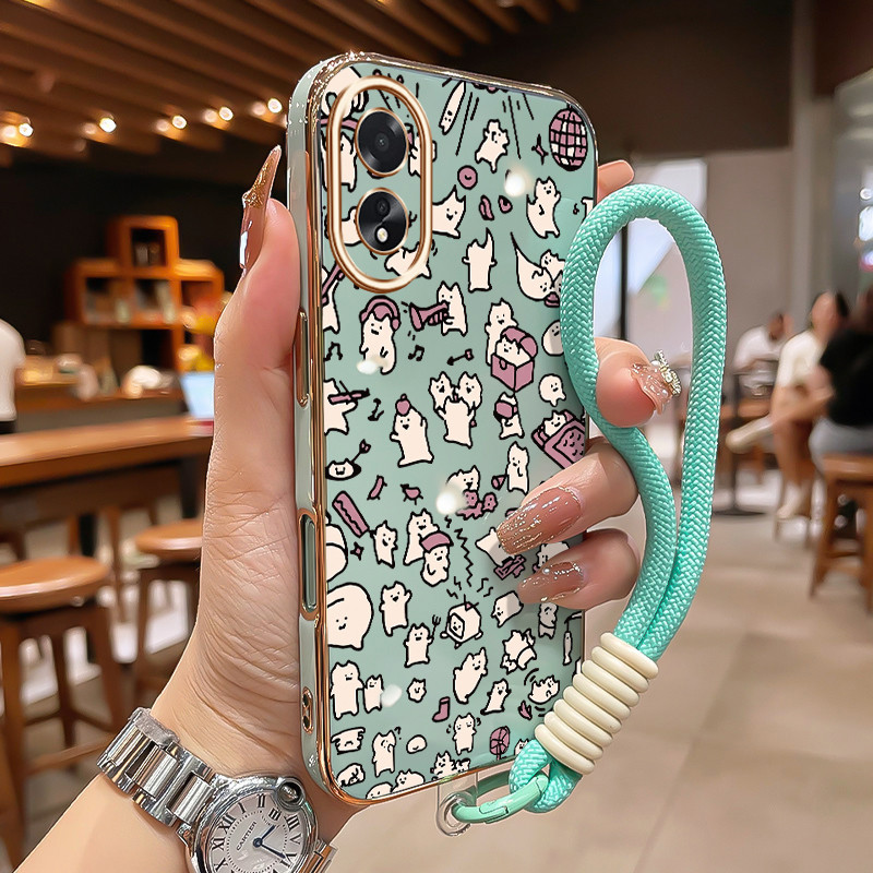 GANTUNGAN HP สําหรับ OPPO A18 A38 ยอดนิยมแมว Emoji กรณีซิลิโคน Cesing Gold Plated Edge Softcase แขวน