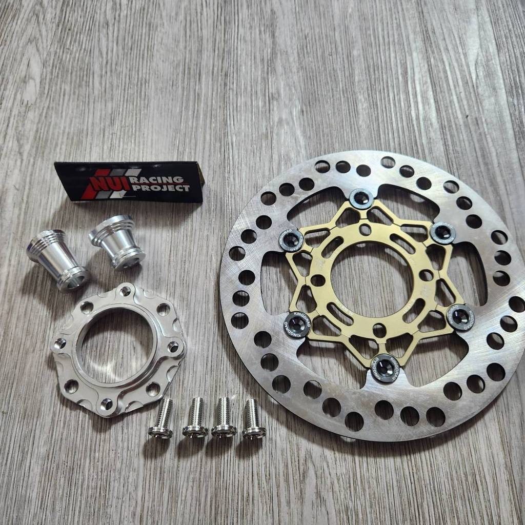 ชุด3ชิ้น จานดิสเบรคCNC ทองไทเทหมุดเทา + น็อตจาน 4 ตัว + สเปเซอร์ NUI สำหรับแปลงใส่ PCX160 หน้าดิสหลังดั้ม