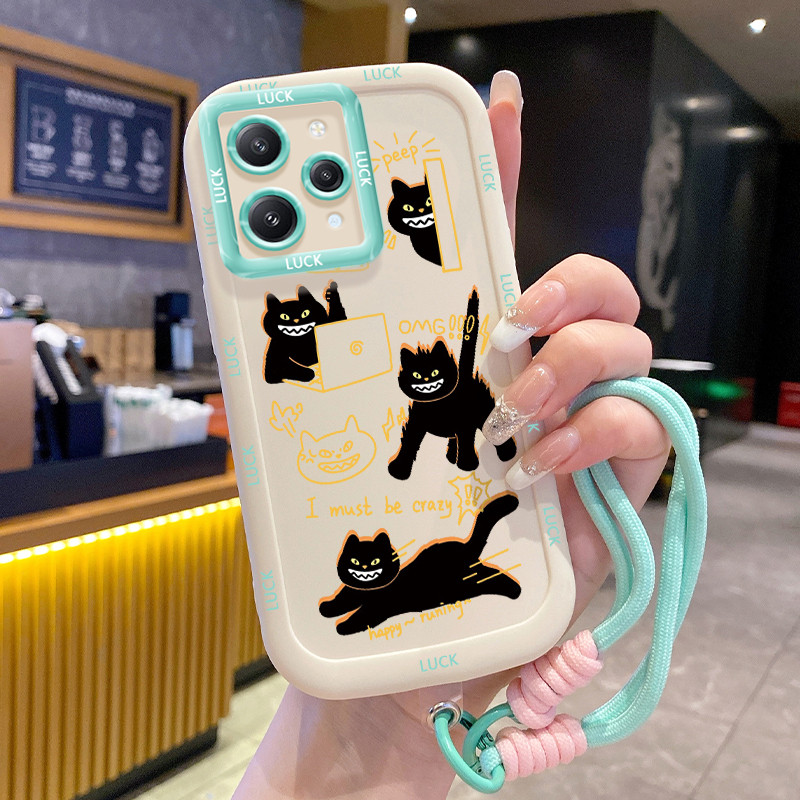 เคสสำหรับ Xiaomi Redmi 12 5G 12C 11A Note 12R 5G POCO M6 Pro 5G C55 เคสโทรศัพท์กลมและอ้วนแมวดำซิลิโคนสายคล้อง