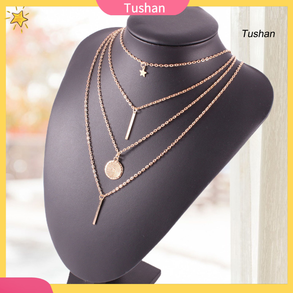 [TS]สร้อยคอ 4 ชิ้น 4 ชั้นอารมณ์จี้เรขาคณิตหรูหราสร้อยคอหลายชั้นสําหรับจัดเลี้ยง