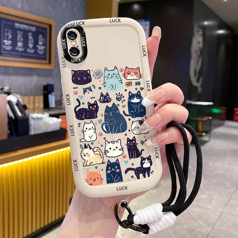 เคสสำหรับ iPhone X Xs Xr Xs Max 7 Plus 8 Plus เคสโทรศัพท์แมวสายคล้องซิลิโคนกันกระแทก