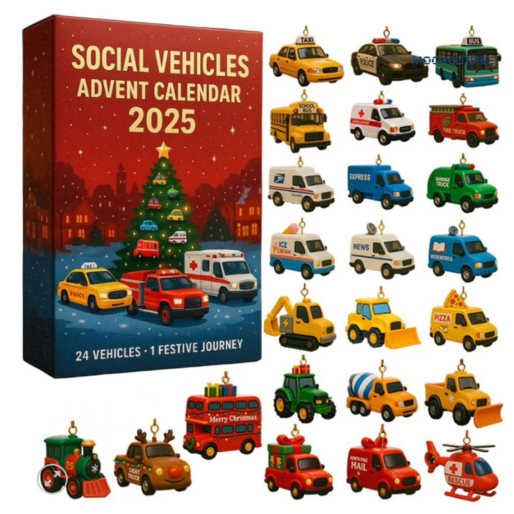 Motroredtree Social Vehicle Advent ปฏิทิน 24 วันเครื่องประดับอะคริลิคสําหรับตกแต่งต้นคริสต์มาสนับถอย