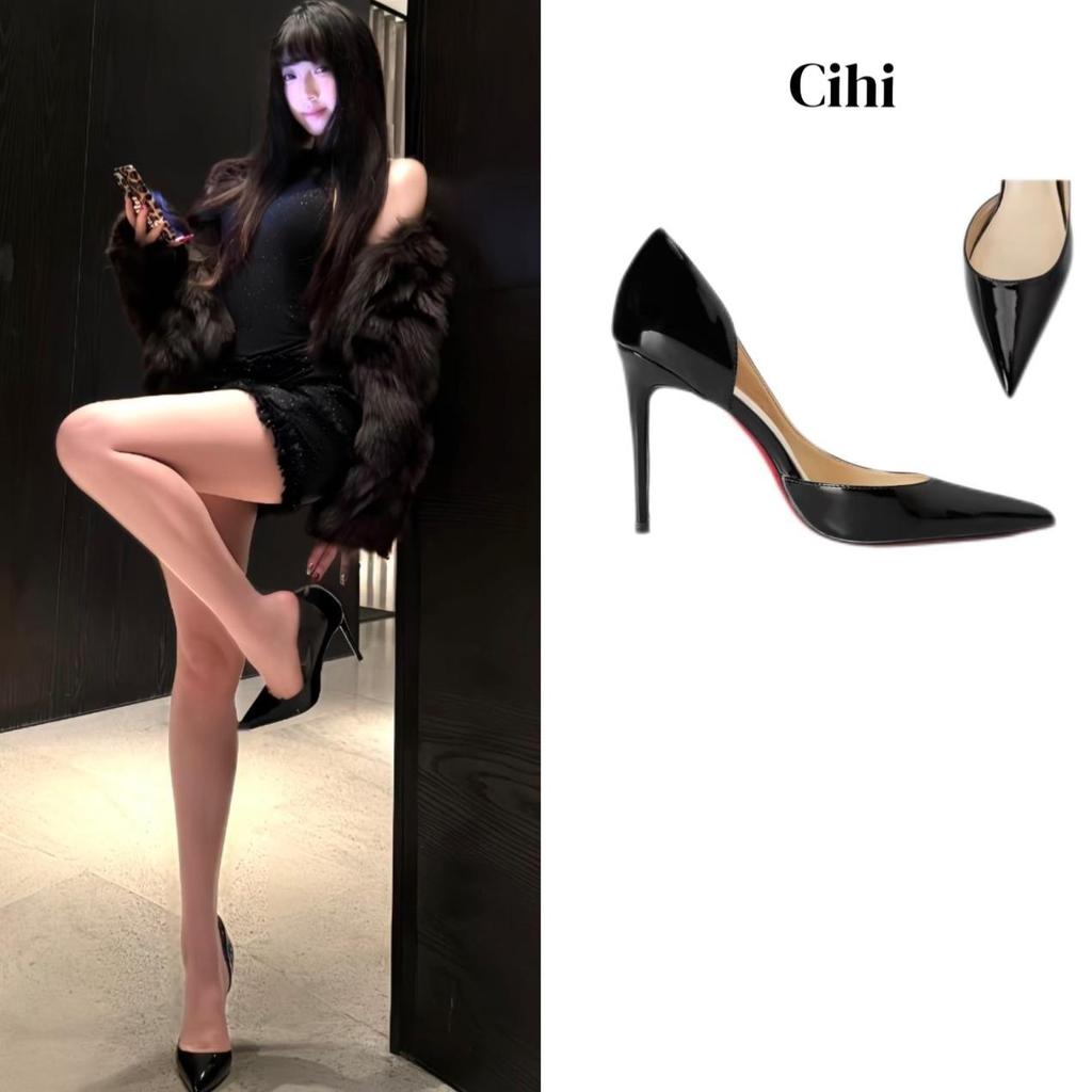Cihi รองเท้าส้นสูงผู้หญิงสไตล์คลาสสิก หัวรองเท้าแหลม เคลือบเงา พื้นในสีแดง ส้นบางหรูหรา เหมาะใส่ทำงาน ออกงานเลี้ยง ไปเดท