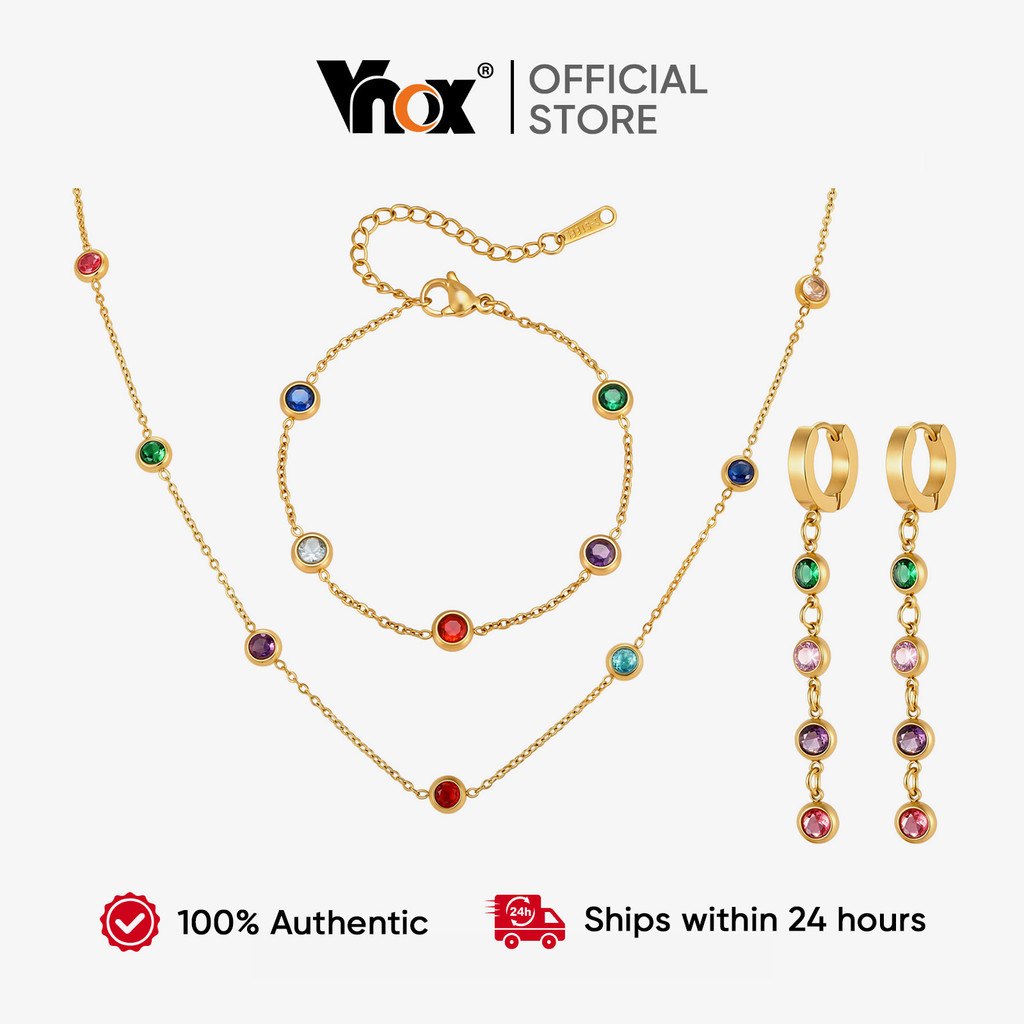 Vnox 18K Gold Plated สแตนเลสหลากสี CZ สร้อยคอสร้อยข้อมือต่างหูชุดเครื่องประดับสําหรับเธอ – ของขวัญปาร์ตี้อินเทรนด์