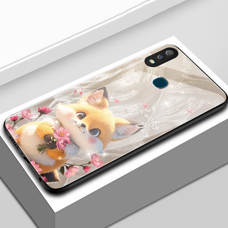 เคสสำหรับ VIVO Y11 2019 Y3 2019 เคสโทรศัพท์ดอกไม้สุนัขแมวเปลือกแก้วกันกระแทก