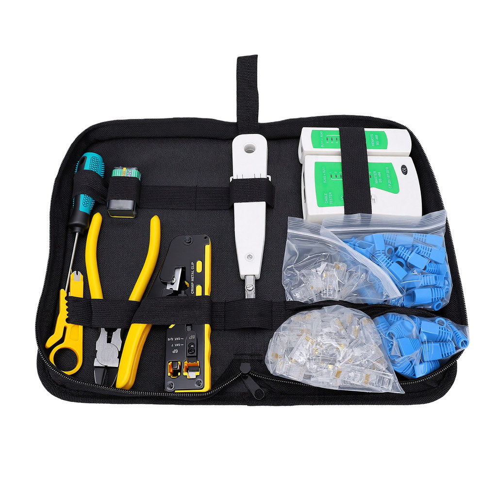 RJ45 Crimping Tool 3 in 1 ชุดเครือข่ายพร้อมเครื่องทดสอบสายเคเบิลตัด,ปอก,เหมาะสําหรับ RJ12 RJ11 CAT5 