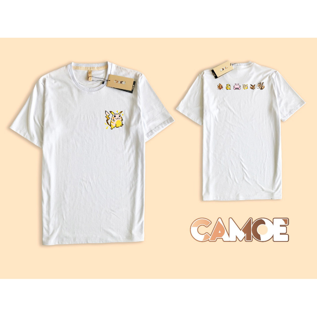 เสื้อยืดด้านหน้าด้านหลัง UT Pokemon Pixel Art Magikarp Psyduck Snorlax Pikachu Eevee Dragonite