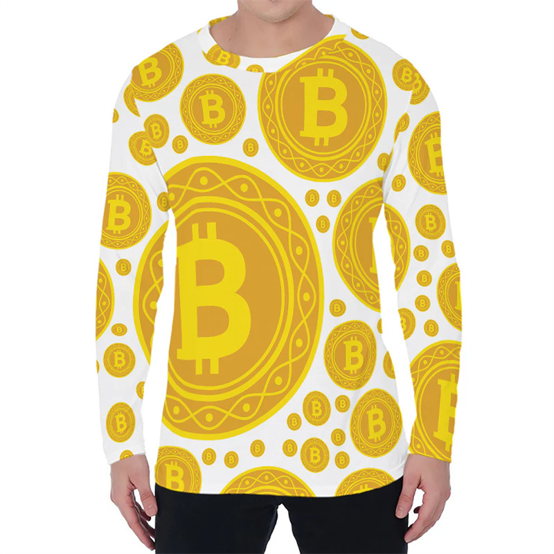 แฟชั่น รูปแบบ Bitcoin เสื้อยืดแขนยาวสำหรับผู้ชาย แนวโน้ม ฤดูใบไม้ร่วง ผู้ชาย ผู้หญิง 3D พิมพ์ O คอ T