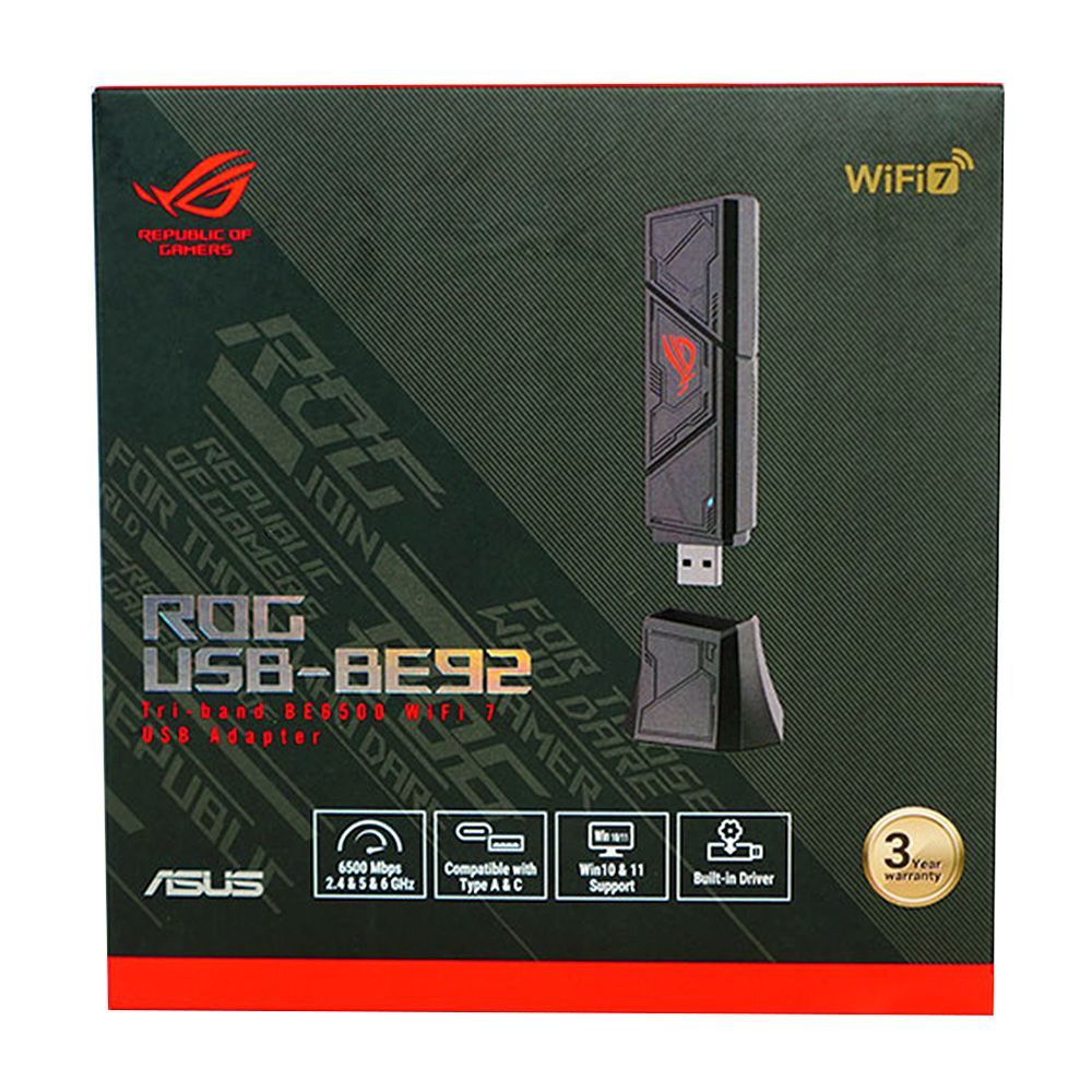 ASUS ROG USB-BE92 BE6500 Tri-band WiFi 7 USB Adapter (Black) - USB-A/C