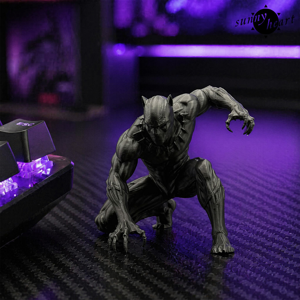 Sunnyheart 3D พิมพ์ Black Panther Action Figure, Black Panther Warrior รูปปั้น, Squat Combat Pose Matte Black Gaming Desk Decor ของขวัญสะสม