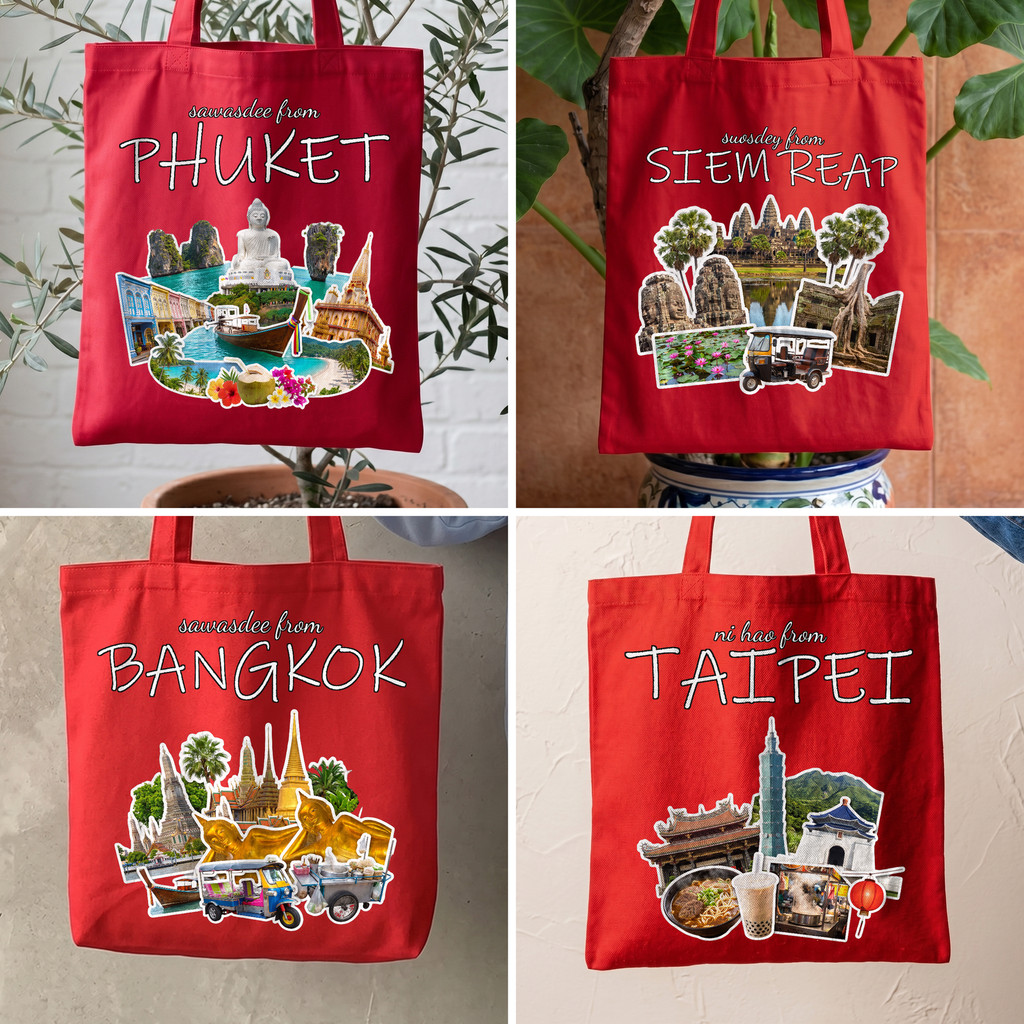 กระเป๋าผ้าแคนวาสสีแดงพร้อมกระเป๋าเสริมพิมพ์ลายจุดสําหรับเดินทาง Kuala Lumpur ภูเก็ต Siem Reap สําหรั